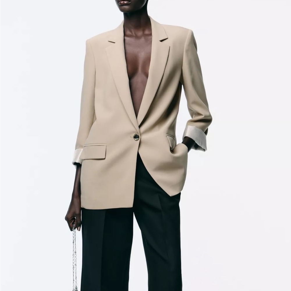 Zara NWT printed cuff blazer tan 8195/336